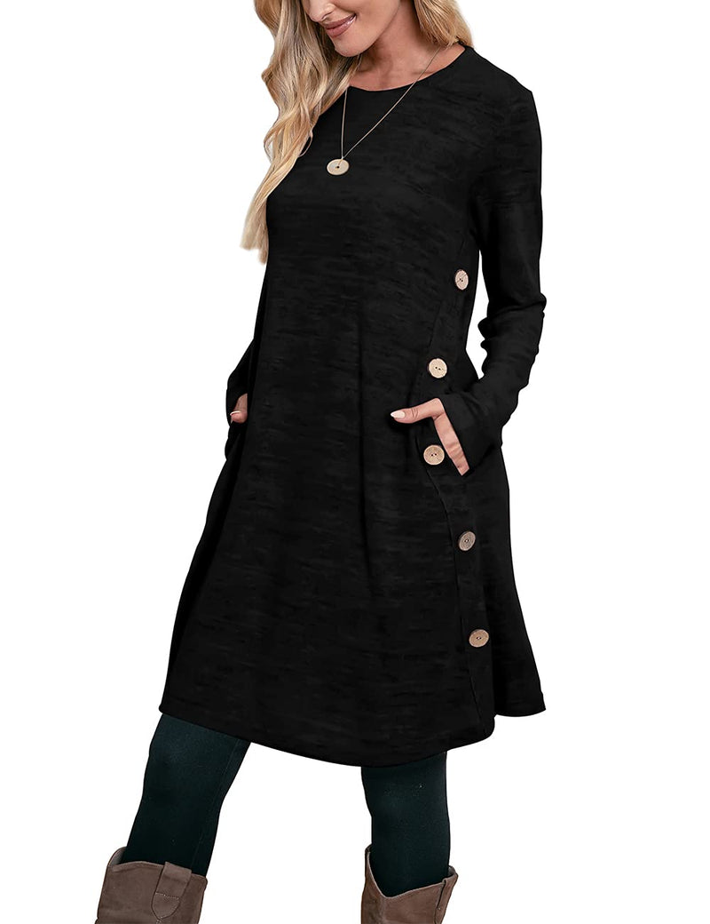 Women's Winter Dress Solid Color Long Sleeve Dress with Pockets Buttons Side