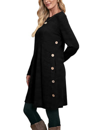 Women's Winter Dress Solid Color Long Sleeve Dress with Pockets Buttons Side