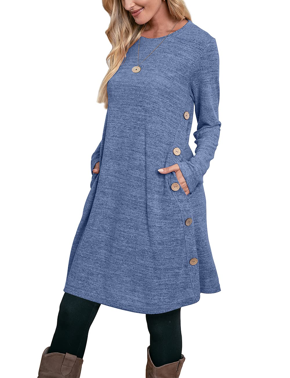 Women's Winter Dress Solid Color Long Sleeve Dress with Pockets Buttons Side