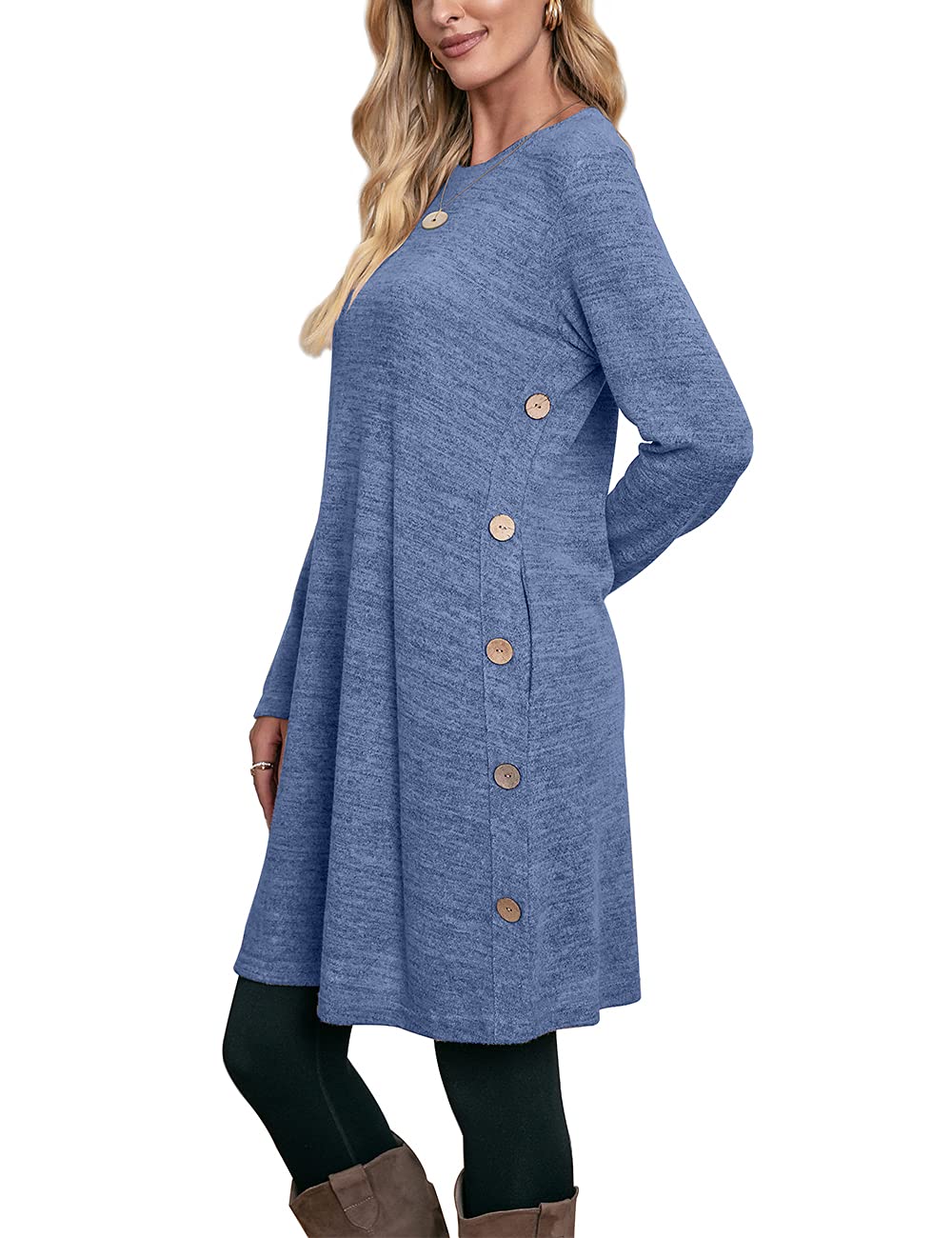 Women's Winter Dress Solid Color Long Sleeve Dress with Pockets Buttons Side