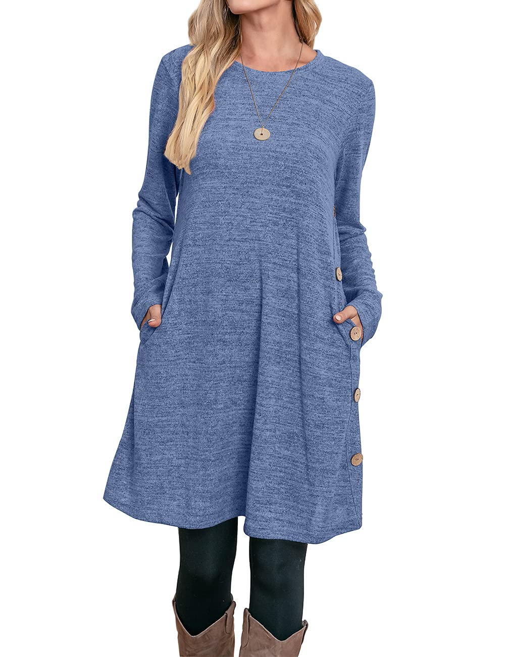 Women's Winter Dress Solid Color Long Sleeve Dress with Pockets Buttons Side