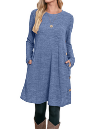 Women's Winter Dress Solid Color Long Sleeve Dress with Pockets Buttons Side