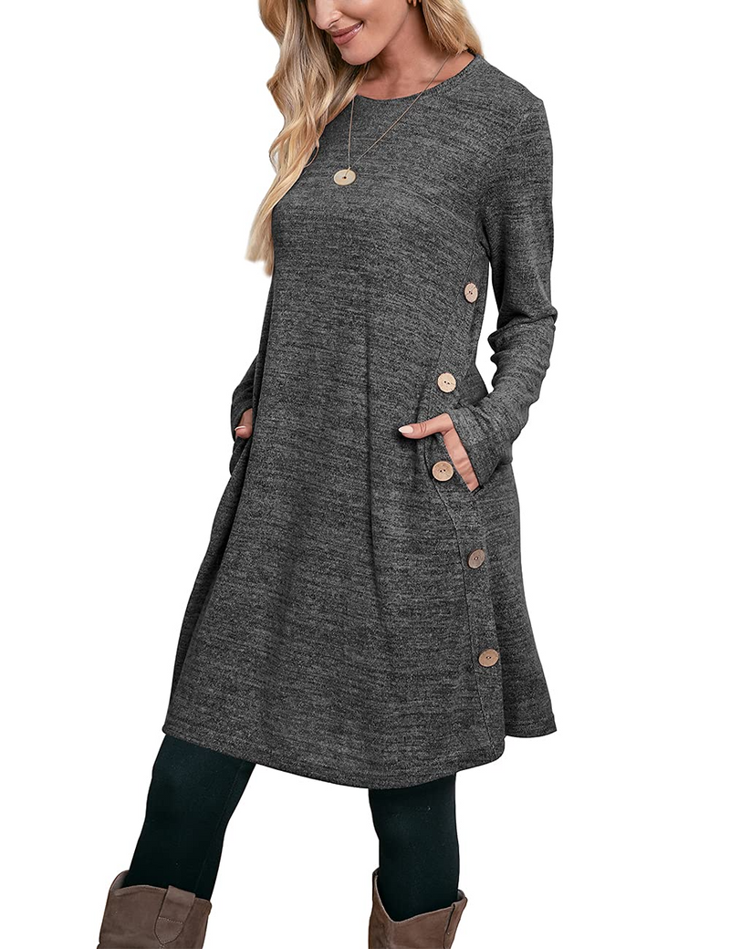 Women's Winter Dress Solid Color Long Sleeve Dress with Pockets Buttons Side