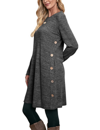 Women's Winter Dress Solid Color Long Sleeve Dress with Pockets Buttons Side