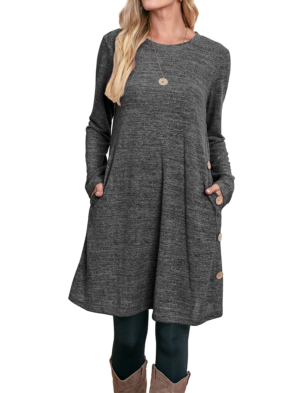 Women's Winter Dress Solid Color Long Sleeve Dress with Pockets Buttons Side