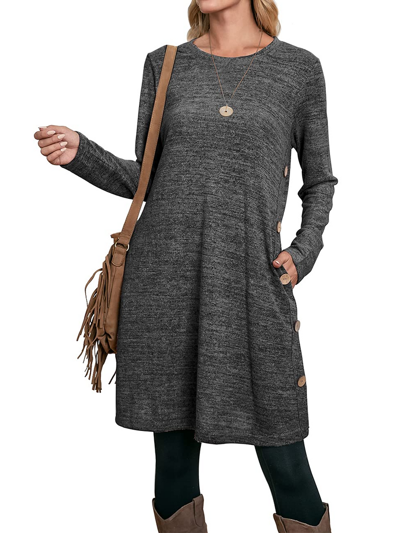 Women's Winter Dress Solid Color Long Sleeve Dress with Pockets Buttons Side