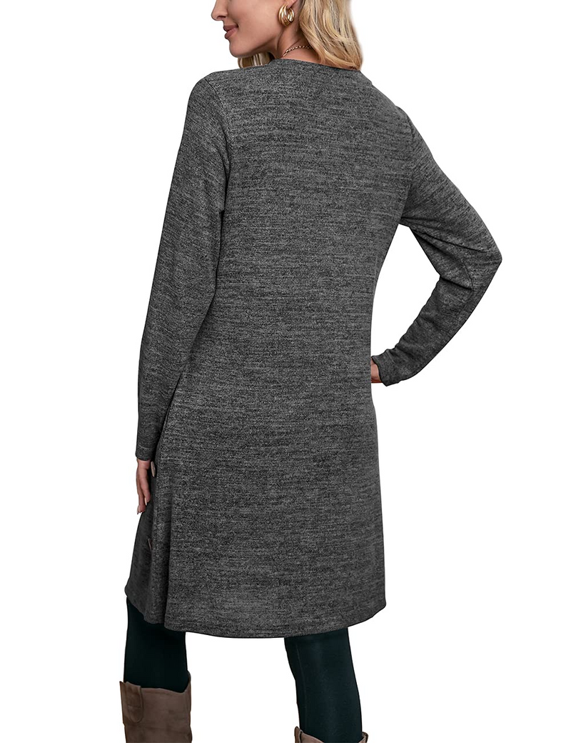 Women's Winter Dress Solid Color Long Sleeve Dress with Pockets Buttons Side