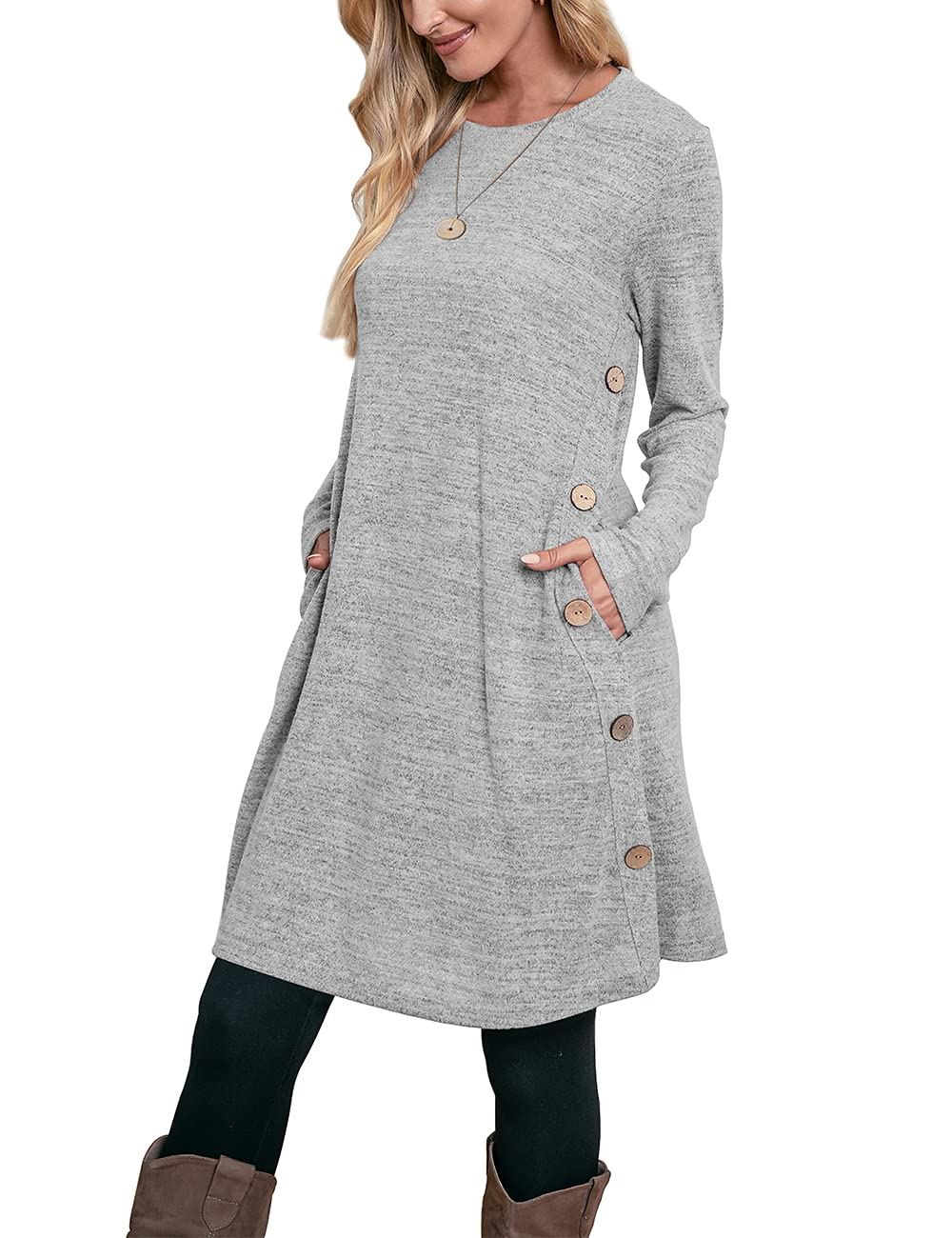 Women's Winter Dress Solid Color Long Sleeve Dress with Pockets Buttons Side