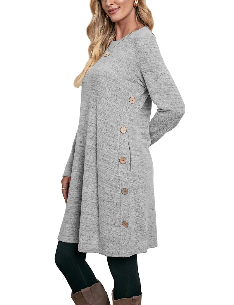 Women's Winter Dress Solid Color Long Sleeve Dress with Pockets Buttons Side