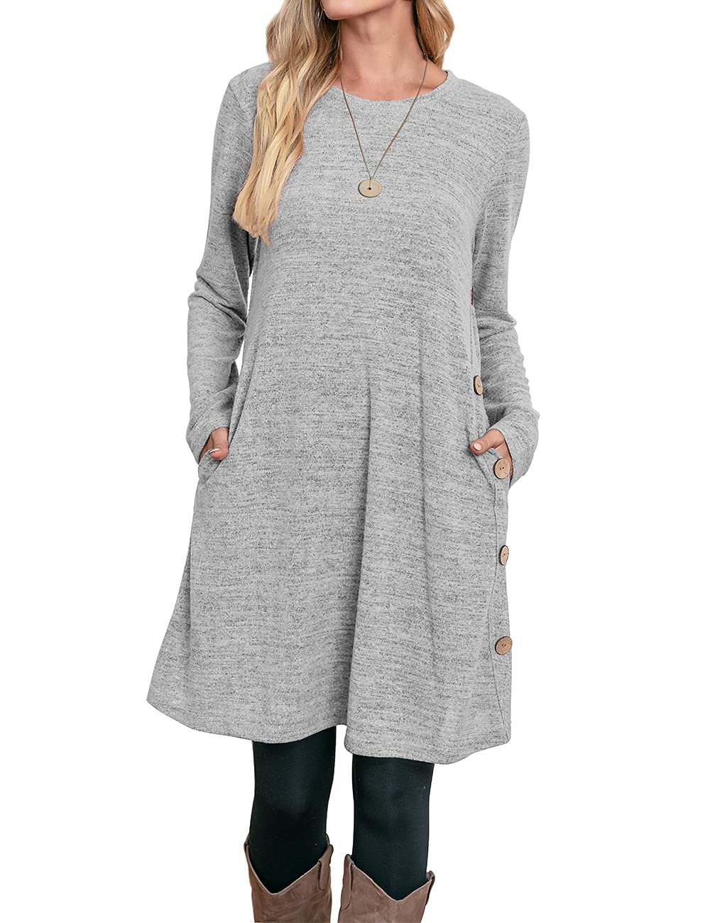 Women's Winter Dress Solid Color Long Sleeve Dress with Pockets Buttons Side