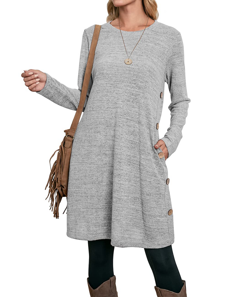 Women's Winter Dress Solid Color Long Sleeve Dress with Pockets Buttons Side