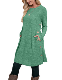 Women's Winter Dress Solid Color Long Sleeve Dress with Pockets Buttons Side