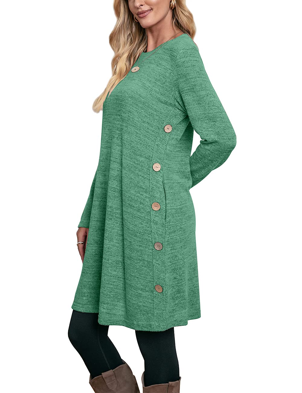 Women's Winter Dress Solid Color Long Sleeve Dress with Pockets Buttons Side