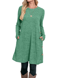 Women's Winter Dress Solid Color Long Sleeve Dress with Pockets Buttons Side