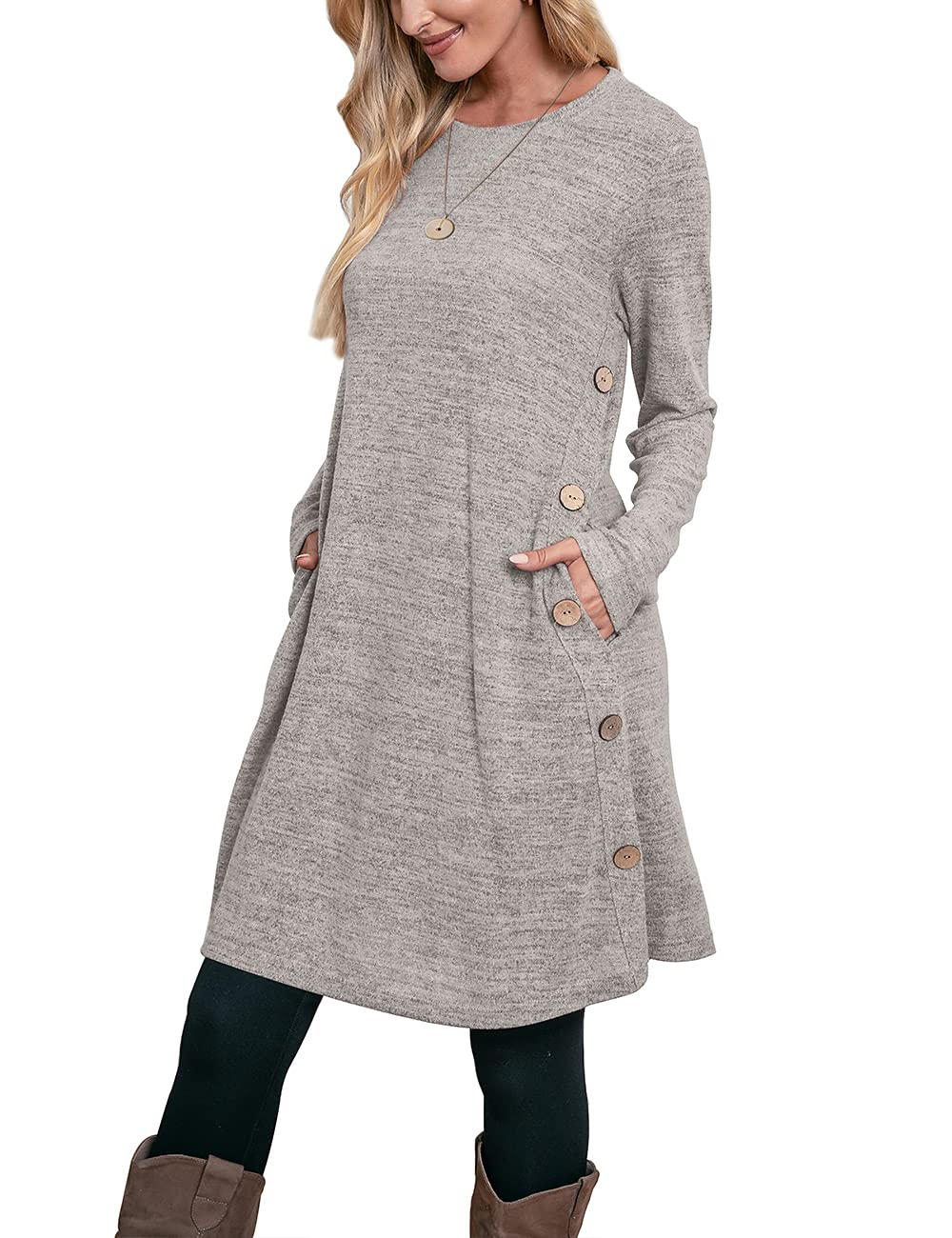 Women's Winter Dress Solid Color Long Sleeve Dress with Pockets Buttons Side