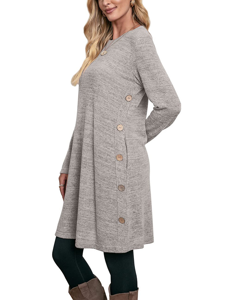 Women's Winter Dress Solid Color Long Sleeve Dress with Pockets Buttons Side