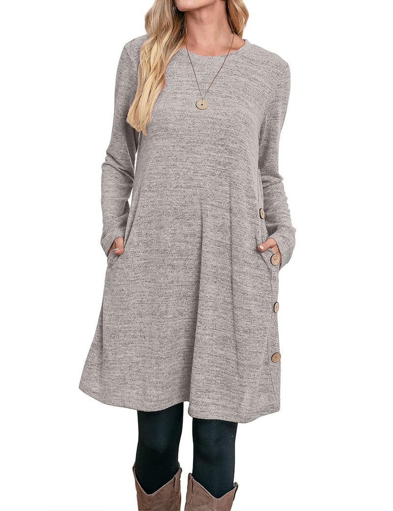 Women's Winter Dress Solid Color Long Sleeve Dress with Pockets Buttons Side