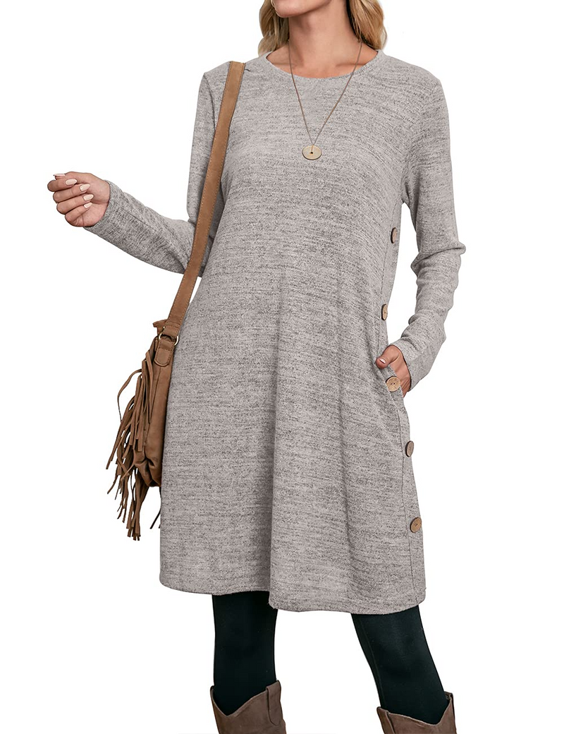 Women's Winter Dress Solid Color Long Sleeve Dress with Pockets Buttons Side