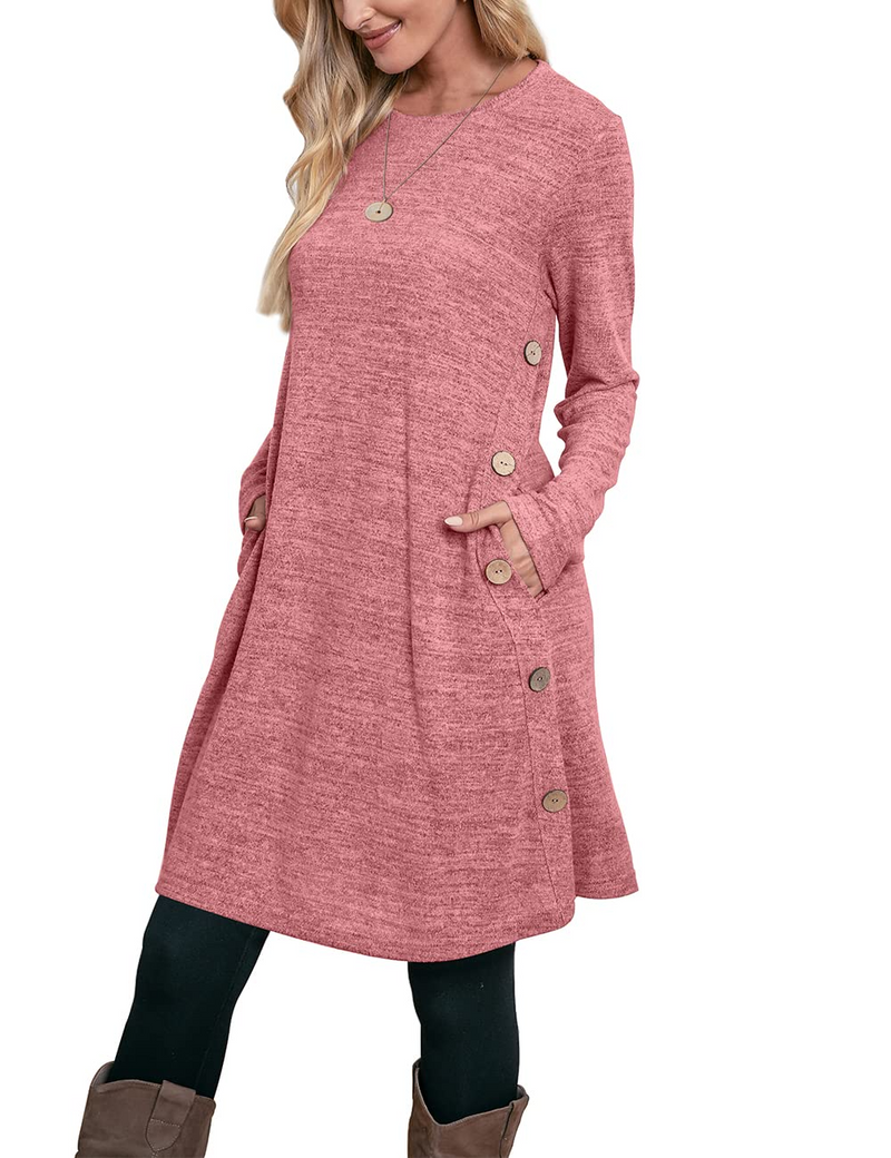 Women's Winter Dress Solid Color Long Sleeve Dress with Pockets Buttons Side