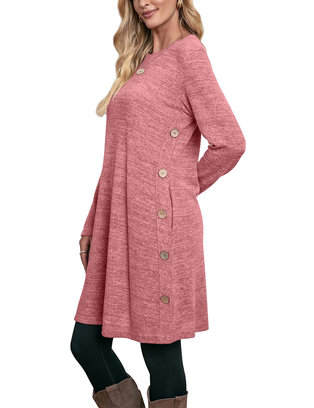 Women's Winter Dress Solid Color Long Sleeve Dress with Pockets Buttons Side