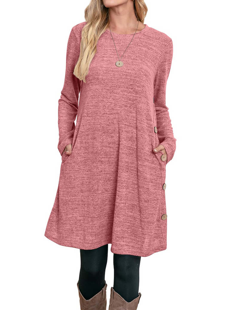 Women's Winter Dress Solid Color Long Sleeve Dress with Pockets Buttons Side