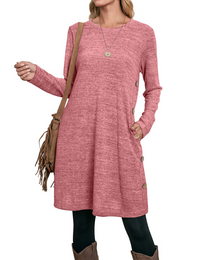 Women's Winter Dress Solid Color Long Sleeve Dress with Pockets Buttons Side