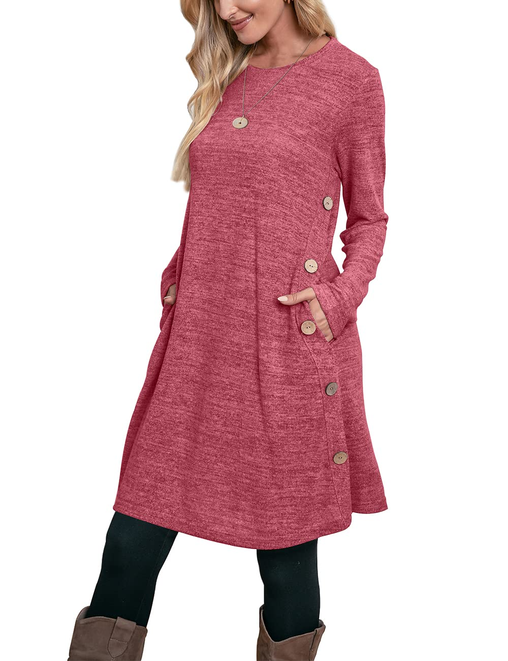 Women's Winter Dress Solid Color Long Sleeve Dress with Pockets Buttons Side