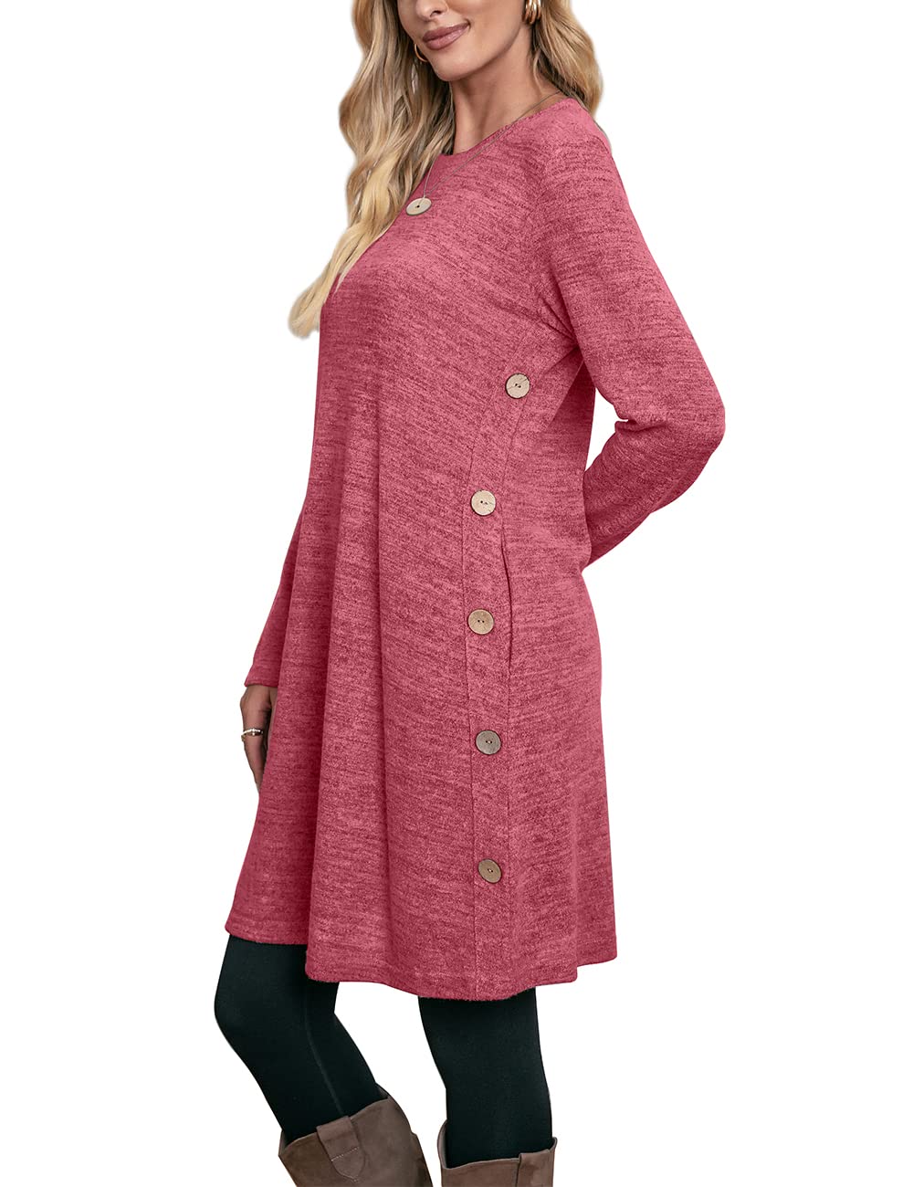 Women's Winter Dress Solid Color Long Sleeve Dress with Pockets Buttons Side