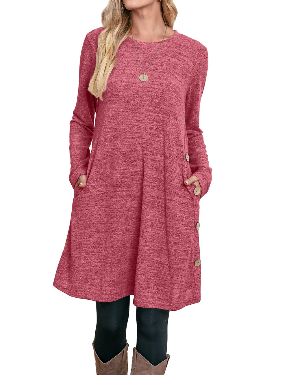 Women's Winter Dress Solid Color Long Sleeve Dress with Pockets Buttons Side