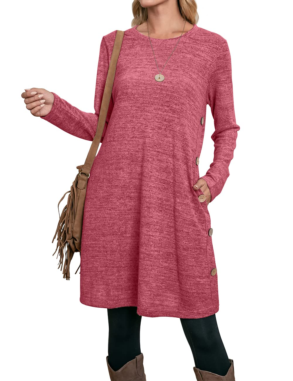 Women's Winter Dress Solid Color Long Sleeve Dress with Pockets Buttons Side