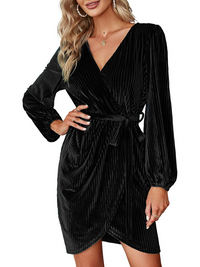 Women's Wrap Semi Formal Velvet Mid Dress Sexy Cocktail Party Long Sleeve Winter Dress Wine Red