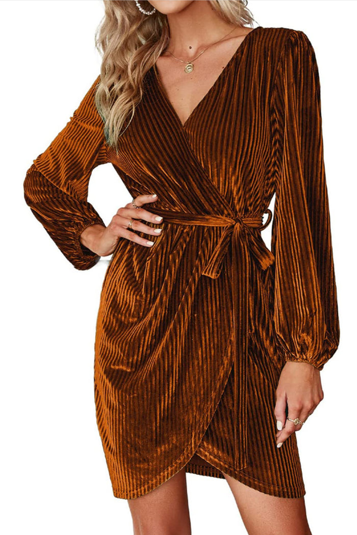 Women's Wrap Semi Formal Velvet Mid Dress Sexy Cocktail Party Long Sleeve Winter Dress Wine Red