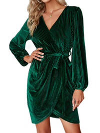 Women's Wrap Semi Formal Velvet Mid Dress Sexy Cocktail Party Long Sleeve Winter Dress Wine Red