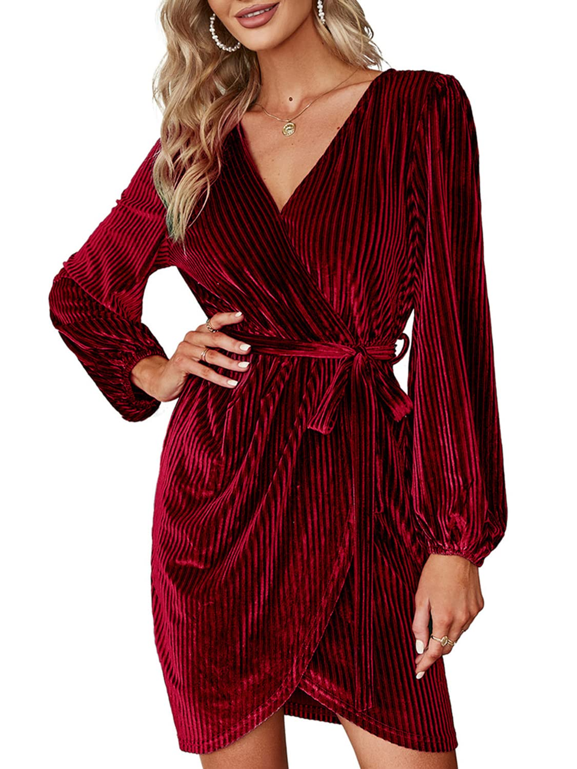 Women's Wrap Semi Formal Velvet Mid Dress Sexy Cocktail Party Long Sleeve Winter Dress Wine Red