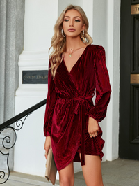 Women's Wrap Semi Formal Velvet Mid Dress Sexy Cocktail Party Long Sleeve Winter Dress Wine Red