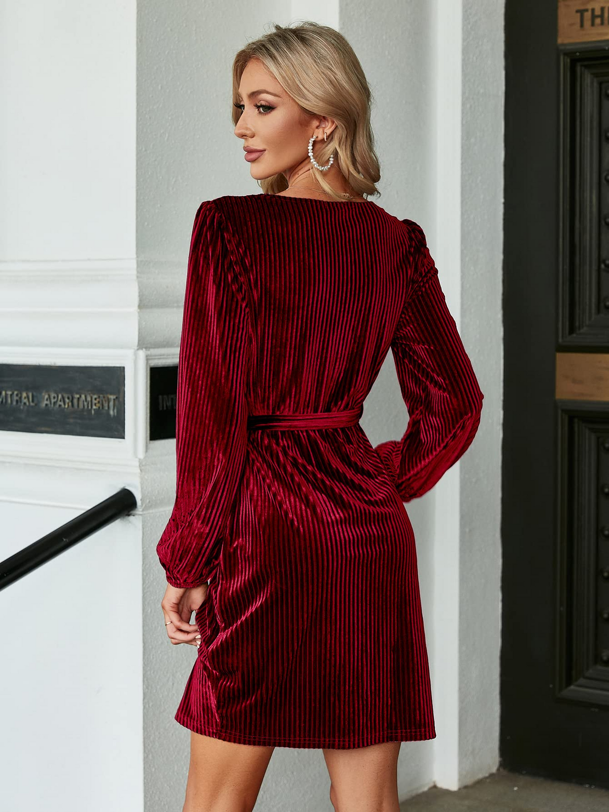 Women's Wrap Semi Formal Velvet Mid Dress Sexy Cocktail Party Long Sleeve Winter Dress Wine Red