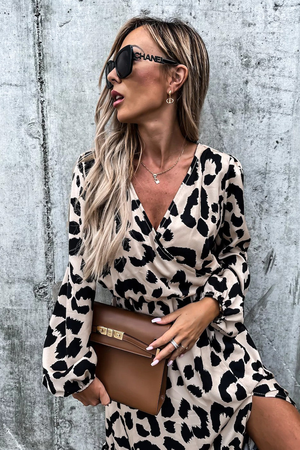 Women's Wrap V Neck Leopard Side Slits Midi Dress with Ruffled Hem