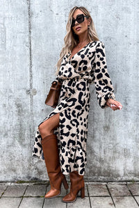 Women's Wrap V Neck Leopard Side Slits Midi Dress with Ruffled Hem