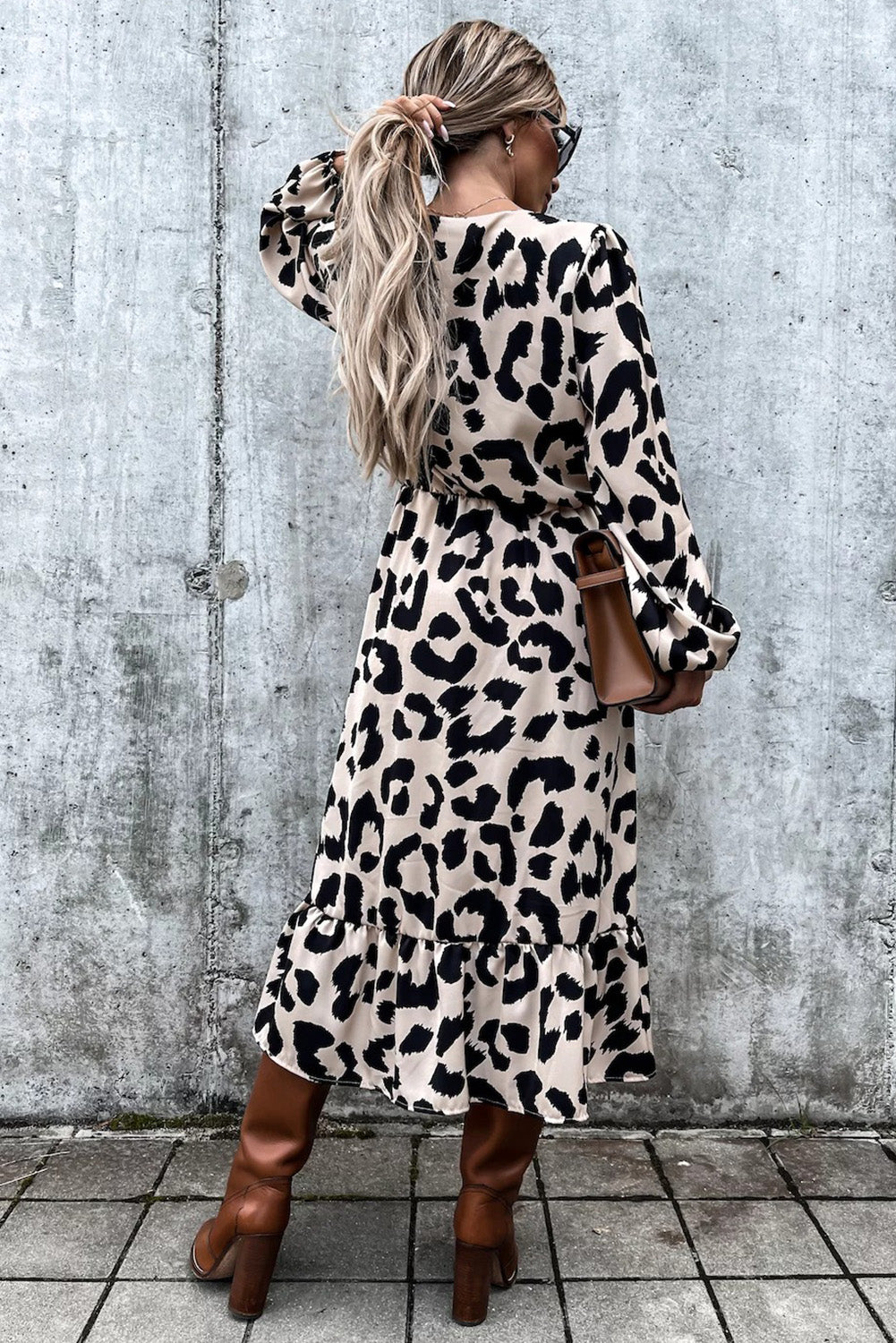 Women's Wrap V Neck Leopard Side Slits Midi Dress with Ruffled Hem