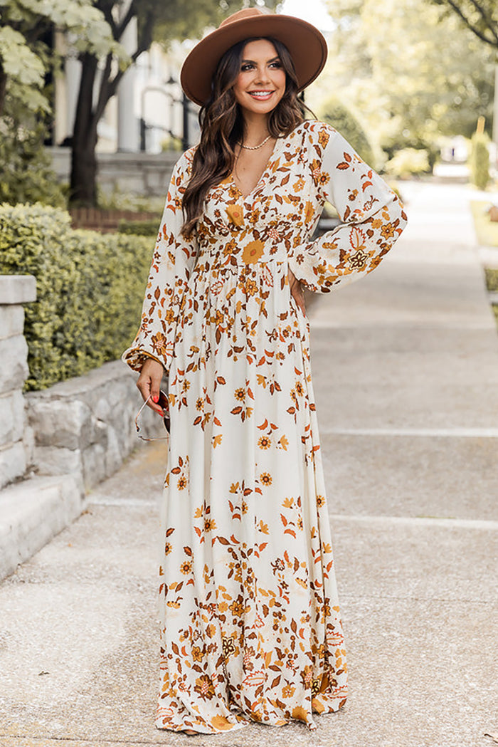 Women's Yellow Leaf Print V Neck Puff Sleeve Maxi Dress