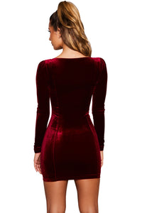 Womens Long Sleeve Square Neck Gold Velvet Bodycon Elegant Mini Party Dress