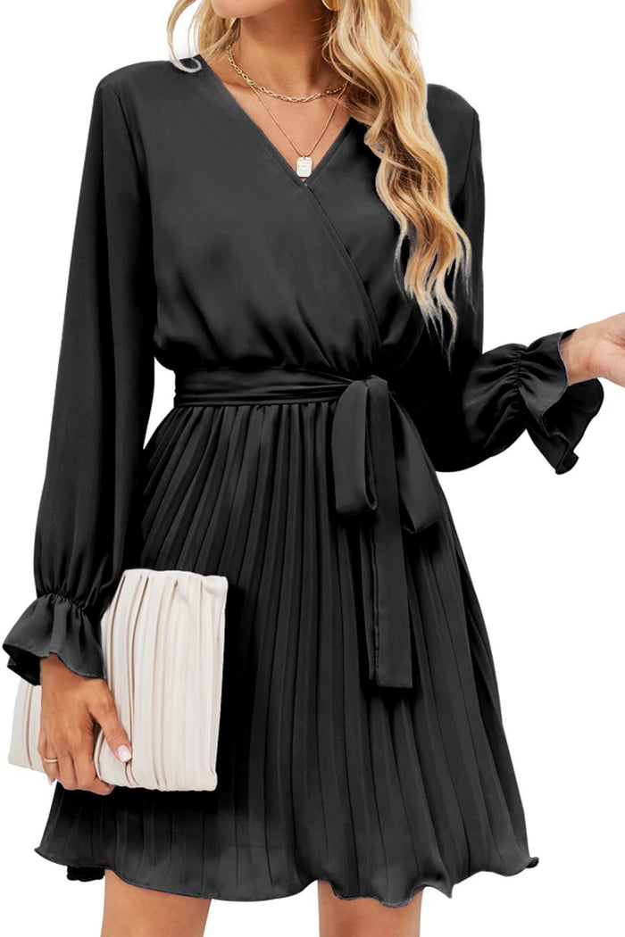 Womens Wrap V Neck Dress for Wedding Guest Casual Pleated Long Sleeve Dress