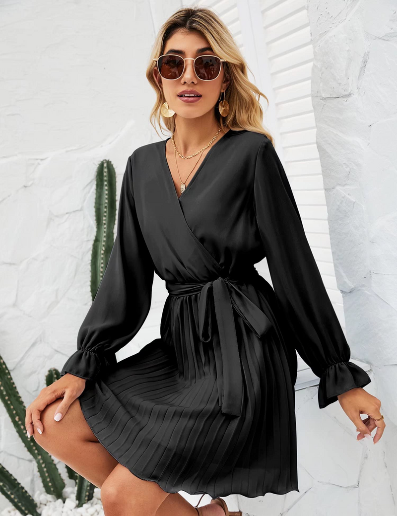 Womens Wrap V Neck Dress for Wedding Guest Casual Pleated Long Sleeve Dress