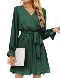 Womens Wrap V Neck Dress for Wedding Guest Casual Pleated Long Sleeve Dress