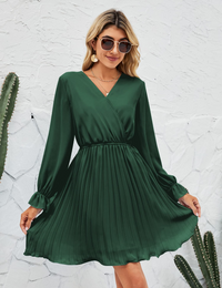 Womens Wrap V Neck Dress for Wedding Guest Casual Pleated Long Sleeve Dress