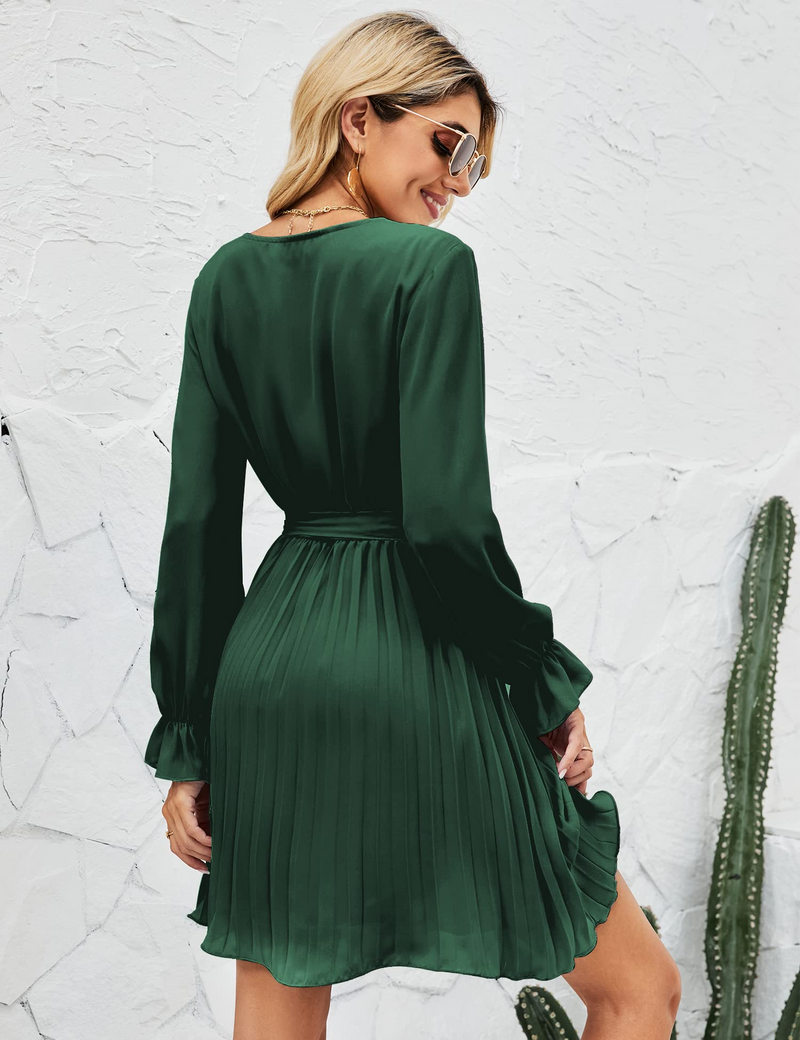 Womens Wrap V Neck Dress for Wedding Guest Casual Pleated Long Sleeve Dress