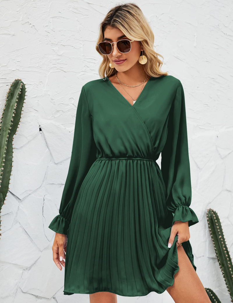 Womens Wrap V Neck Dress for Wedding Guest Casual Pleated Long Sleeve Dress