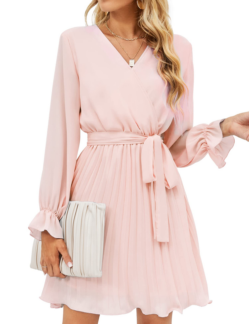 Womens Wrap V Neck Dress for Wedding Guest Casual Pleated Long Sleeve Dress