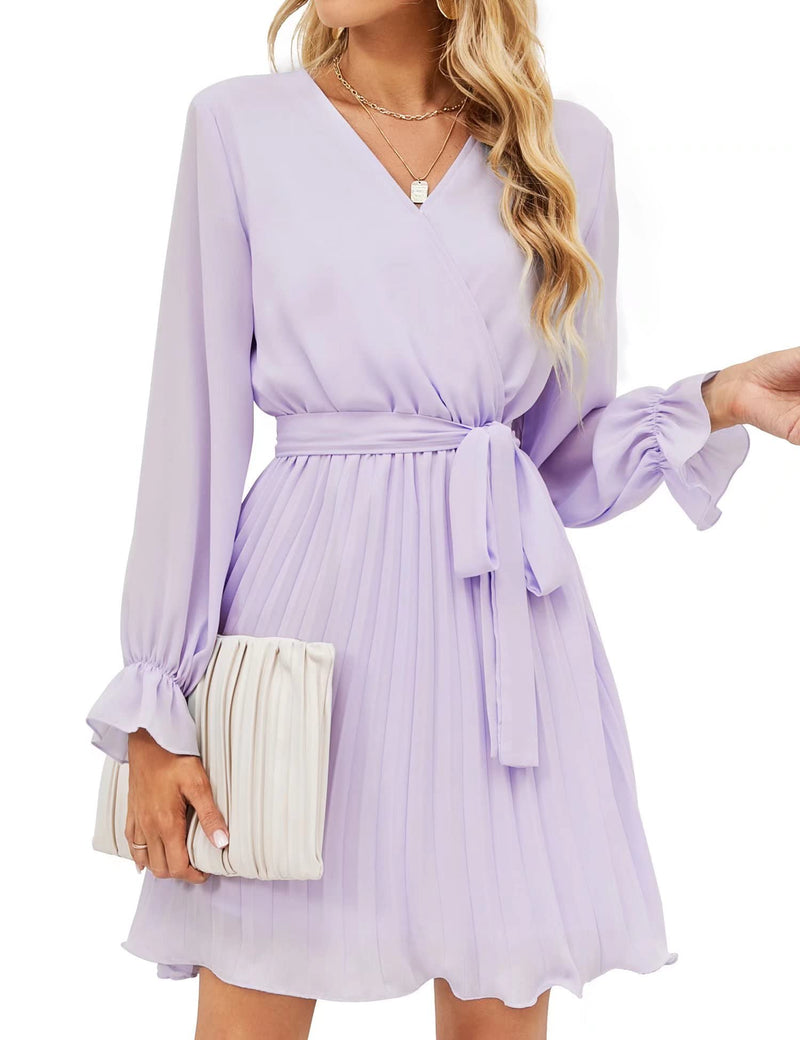 Womens Wrap V Neck Dress for Wedding Guest Casual Pleated Long Sleeve Dress