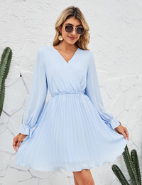 Womens Wrap V Neck Dress for Wedding Guest Casual Pleated Long Sleeve Dress